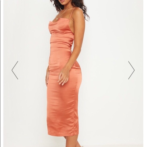 rust strappy back cowl neck satin midi dress